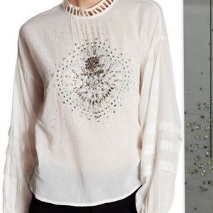 NWT FREE PEOPLE "Heart of Gold" Rhinestones Embellished Cotton Blouse Top XS